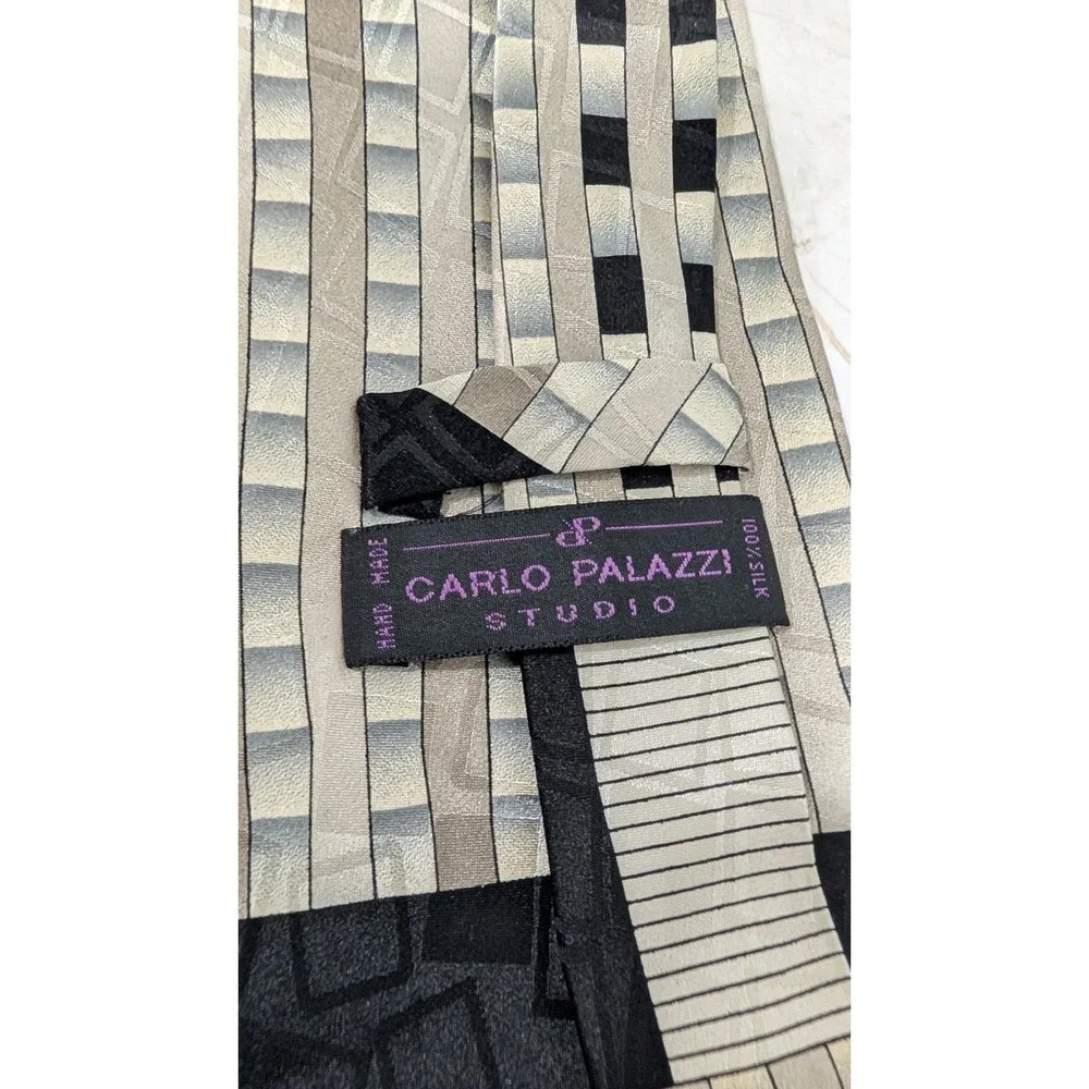 Carlo Palazzi Studio Vintage Silk Tie Black Grey Geometric Abstract Hand Made